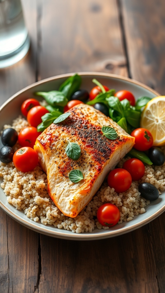 Mediterranean salmon fillet on quinoa with cherry tomatoes, olives, and spinach, garnished with lemon on a rustic table.